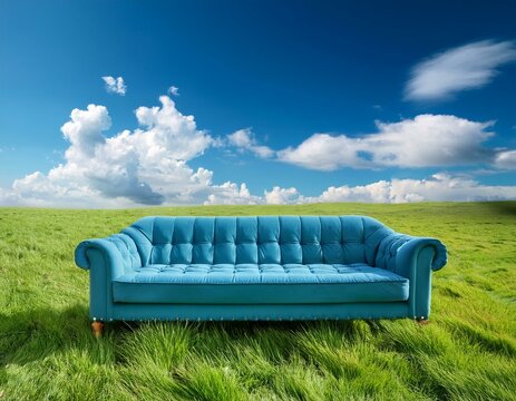 Un canap&eacute; bleu pos&eacute; dans une prairie d'herbe verte luxuriante, sous un ciel bleu avec des nuages ​​blancs moelleux en arri&egrave;re-plan en ia