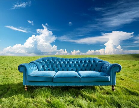 Un canap&eacute; bleu pos&eacute; dans une prairie d'herbe verte luxuriante, sous un ciel bleu avec des nuages ​​blancs moelleux en arri&egrave;re-plan en ia