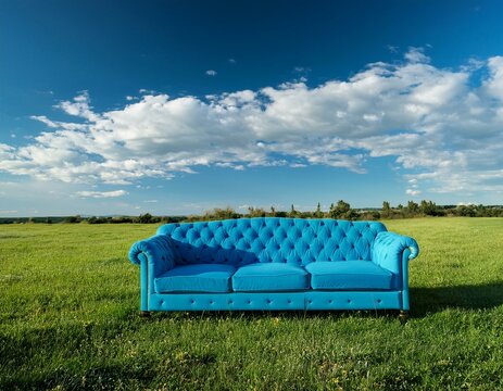 Un canap&eacute; bleu pos&eacute; dans une prairie d'herbe verte luxuriante, sous un ciel bleu avec des nuages ​​blancs moelleux en arri&egrave;re-plan en ia