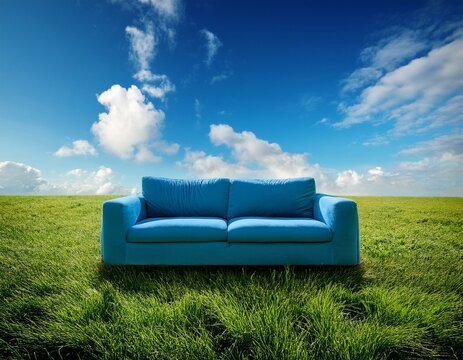 Un canap&eacute; bleu pos&eacute; dans une prairie d'herbe verte luxuriante, sous un ciel bleu avec des nuages ​​blancs moelleux en arri&egrave;re-plan en ia