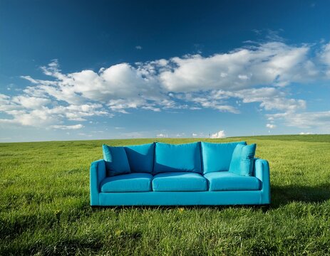 Un canap&eacute; bleu pos&eacute; dans une prairie d'herbe verte luxuriante, sous un ciel bleu avec des nuages ​​blancs moelleux en arri&egrave;re-plan en ia