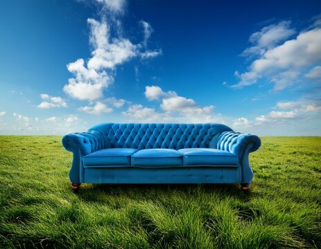 Un canap&eacute; bleu pos&eacute; dans une prairie d'herbe verte luxuriante, sous un ciel bleu avec des nuages ​​blancs moelleux en arri&egrave;re-plan en ia
