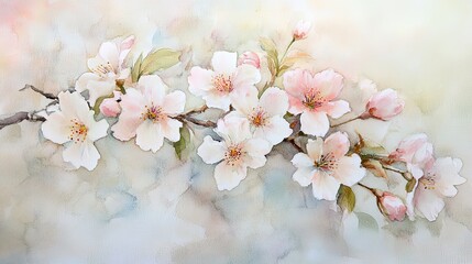 Delicate Watercolor Painting of Cherry Blossoms Branch
