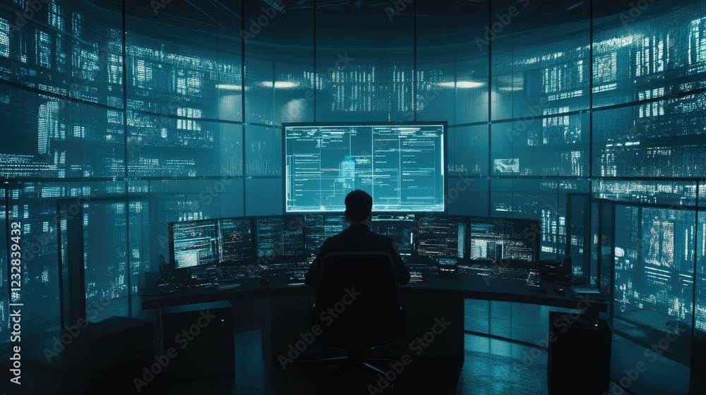 Aufkleber Hacker Working In A Futuristic Cyber Security Center