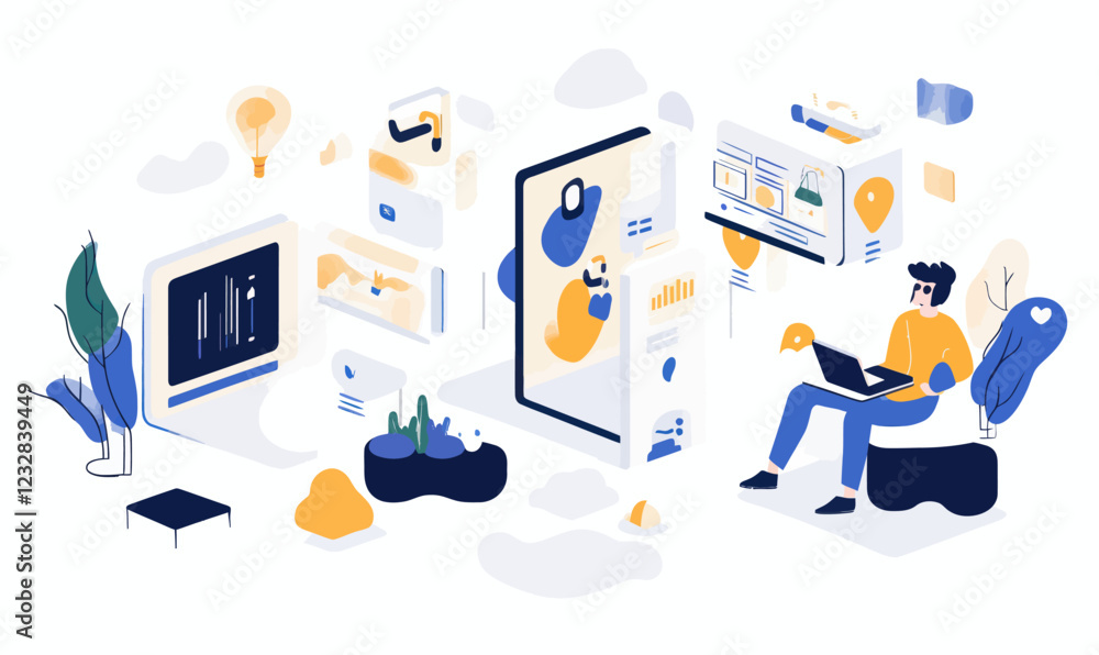 Poster vector illustration of ai content creation process with digital workspace elements