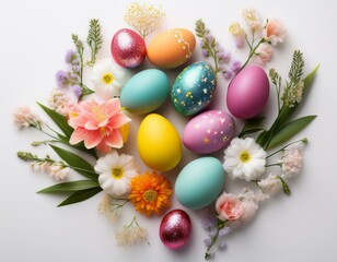 Obraz premium petits oeufs de pâques décorés et peint avec des fleurs fraiches dans un décor tendre en ia