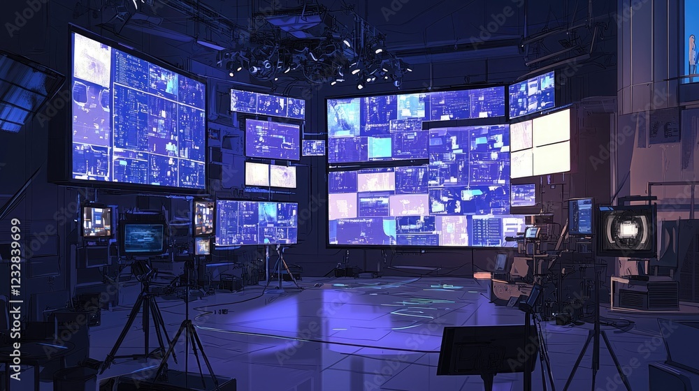 Poster Futuristic Control Room With Numerous Screens Displaying Data