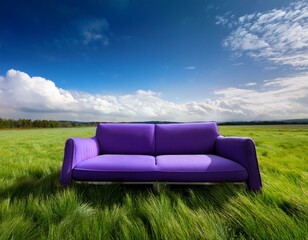 Fototapeta premium Un canapé violet posé dans une prairie d'herbe verte luxuriante, sous un ciel bleu avec des nuages ​​blancs moelleux en arrière-plan en ia