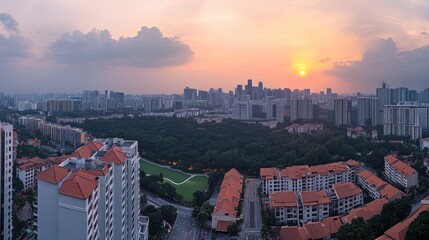 Sunset cityscape view over Singapore buildings and park