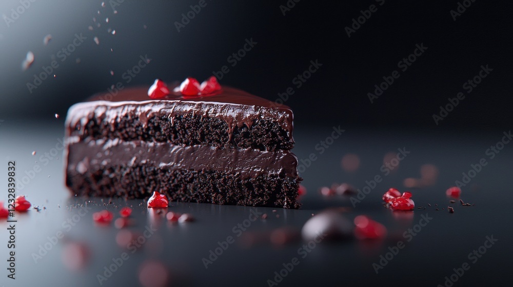 Poster close-up of a slice of chocolate cake on a black surface. the cake is rectangular in shape and has a