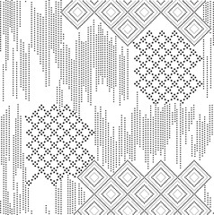 Black and white tileable pattern. Grunge worn damask pattern design. Distressed fabric texture. Overlay texture design. Vector illustration. Eps10.