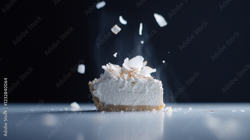 Poster close-up of a slice of dessert on a white surface. the dessert appears to be a cheesecake with a lay