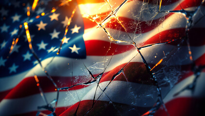 A close-up of a cracked surface overlaying the American flag, which features red and white stripes along with blue and white stars. The cracks create a fragmented effect, allowing glimpses of the flag