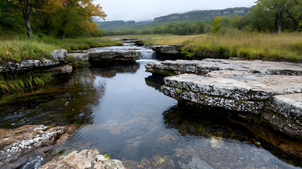 Calm river flowing through rocky terrain, autumn foliage background, nature photography