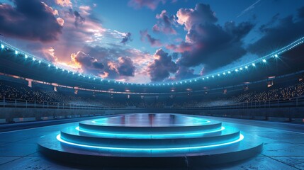 A vibrant podium set in a modern stadium, illuminated by colorful lights, ready for an award ceremony.