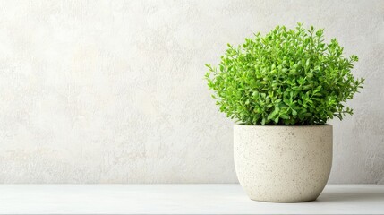 Green plant in a light beige pot against a textured wall