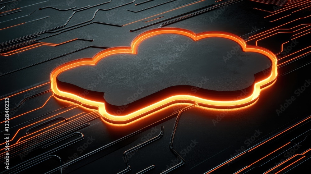 Poster illuminated cloud symbol on technological circuitry
