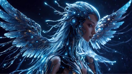 angel in the night,fine art photography-style depiction of a futuristic robotic bird transforming into a humanoid android with flowing metallic blue hair