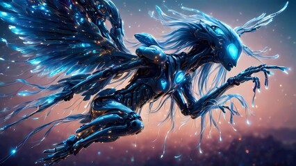 the blue alien in the dark,fine art photography-style depiction of a futuristic robotic bird transforming into a humanoid android with flowing metallic blue hair