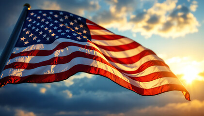 American flag waving against a backdrop of clouds and a sunset, showcasing red and white stripes with blue field and white stars