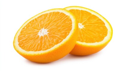 two halves of a juicy orange on a white background