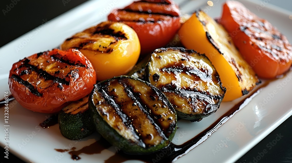 Poster plate of grilled vegetables on a white rectangular plate. the vegetables are arranged in a circular 