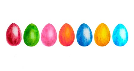 Bright isolated Easter eggs with patterns, made in watercolor style. Colorful decorative composition for postcards, packaging, - holiday decor, scrapbooking and congratulatory materials.