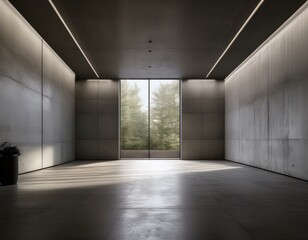 Obraz premium Immense salle vide moderne en béton avec de nombreuses colonnes et de grandes fenêtres blanches brillantes, espace de papier peint pour le rendu 3D du texte