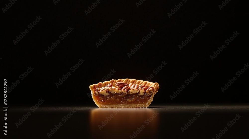 Poster close-up of a small tart shell on a black surface. the tart shell is golden brown in color and has a