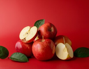 pommes enti&egrave;res et coup&eacute;es, rouges, avec des feuilles sur fond rouge en ia