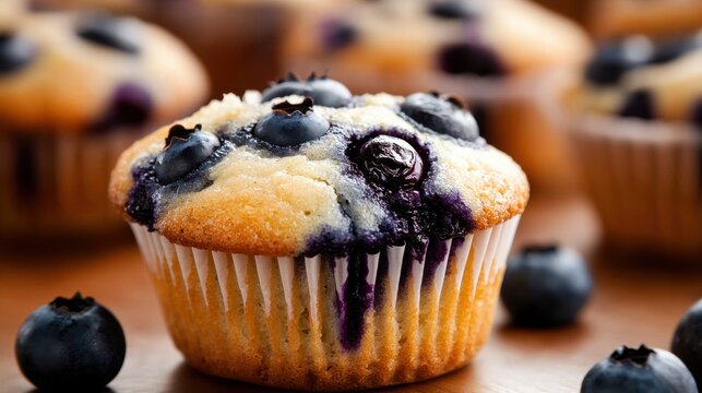 Close-up of a freshly baked blueberry muffin in a white paper liner. the muffin has a golden brown crust and is topped with fresh blueberries. - Powered by Adobe