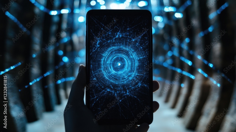 Poster a hand holds smartphone displaying abstract blue data stream