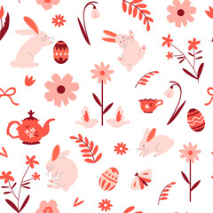 Seamless Easter pattern with flowers, leaves, rabbits, eggs, teapot, birds. Suitable for wrappers, backgrounds, wallpapers, textiles