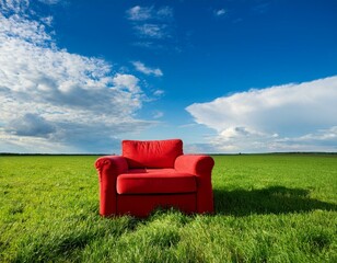 Fototapeta premium Un fauteuil rouge posé dans une prairie d'herbe verte luxuriante, sous un ciel bleu avec des nuages ​​blancs moelleux en arrière-plan en ia