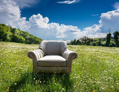 Un fauteuil gris pos&eacute; dans une prairie d'herbe verte luxuriante, sous un ciel bleu avec des nuages ​​blancs moelleux en arri&egrave;re-plan en ia