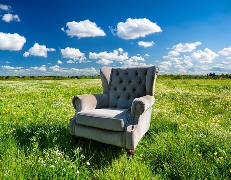 Un fauteuil gris pos&eacute; dans une prairie d'herbe verte luxuriante, sous un ciel bleu avec des nuages ​​blancs moelleux en arri&egrave;re-plan en ia