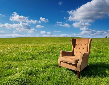 Un fauteuil caramel pos&eacute; dans une prairie d'herbe verte luxuriante, sous un ciel bleu avec des nuages ​​blancs moelleux en arri&egrave;re-plan en ia