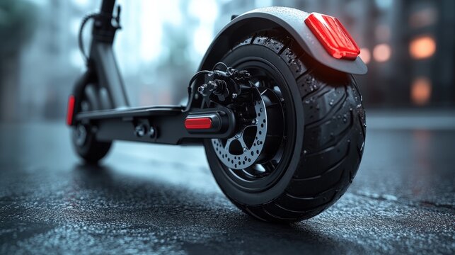 Close-up view of electric scooter wheel repair against a minimalist background - Powered by Adobe