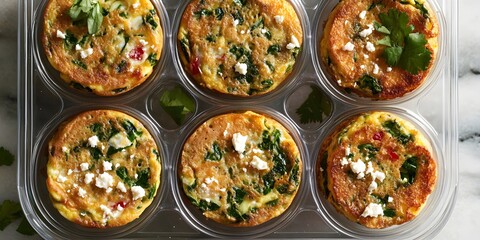 Savory Egg Bites: Six perfectly portioned egg bites, brimming with colorful bell peppers, spinach and feta cheese,  are ready for a satisfying and nutritious meal.