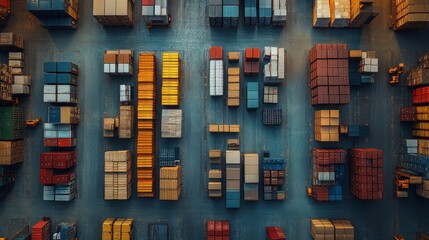 Busy warehouse activity with stacks of pallets and workers organizing shipments in the evening