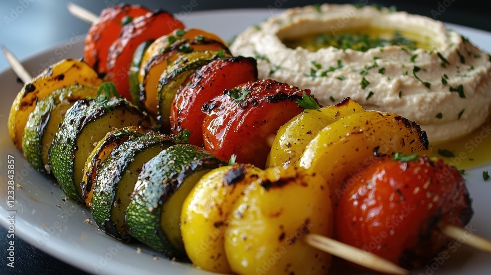 Poster plate of grilled vegetables on skewers. the vegetables are sliced and arranged in a circular pattern
