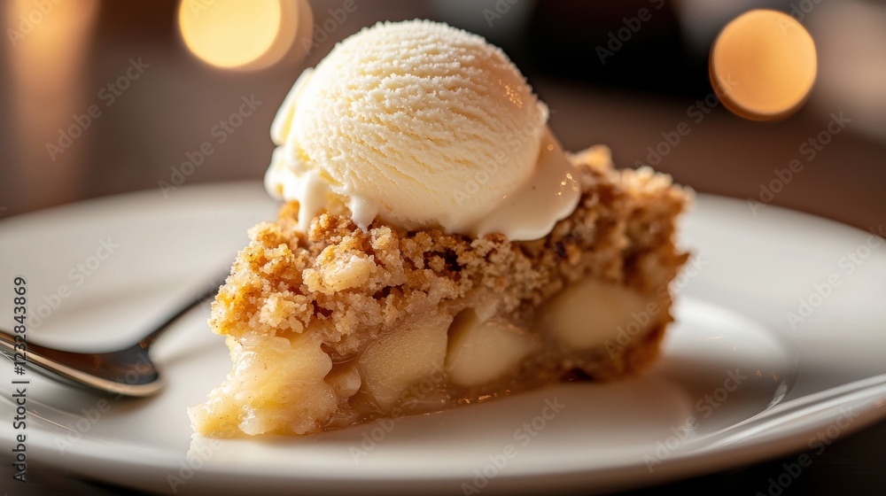 Poster slice of apple pie on a white plate with a scoop of vanilla ice cream on top. the pie has a golden b