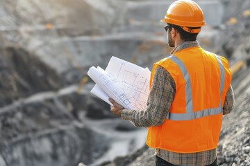 Construction worker reviewing blueprints at a construction site