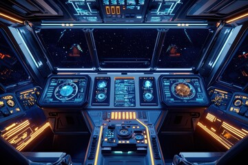 Obraz premium Futuristic spaceship cockpit design with glowing interfaces sci-fi setting