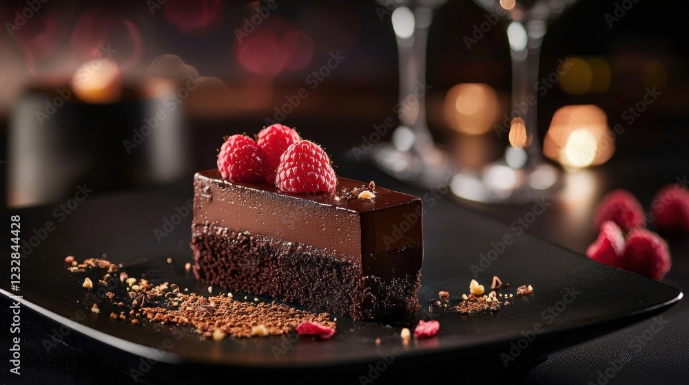 Poster slice of chocolate cake on a black plate. the cake is rectangular in shape and has a rich, dark choc