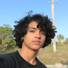 Un joven magnético con una expresión atrevida y rizos rebeldes.