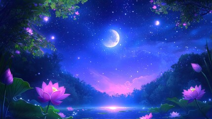 Pink lotus flowers bloom near a serene lake under a crescent moon and starry night sky. Magical, dreamy atmosphere with soft lighting and vibrant colors.