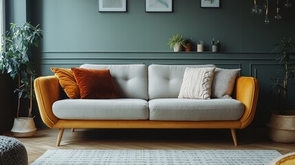 Modern Living Room Sofa with Colorful Cushions Against Green Wall