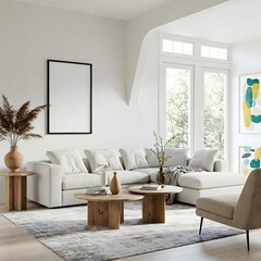 A bright and airy living room bathed in natural light from large,paned windows overlooking a lush garden. The room is anchored by a plush, light colour sectional sofa adorned with soft, neutral pillow