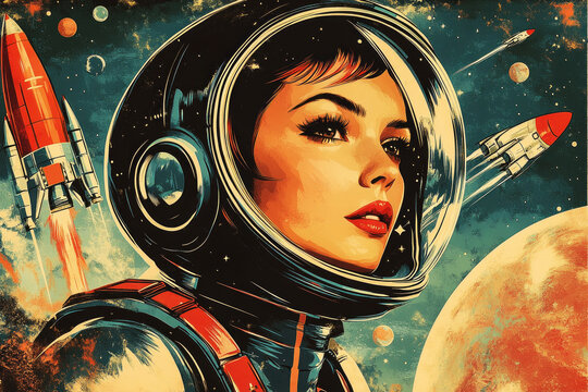The confident girl astronaut, wearing a space helmet and jetpack, combines retro and futuristic elements in a bold, empowering poster set against a backdrop of planets and rockets
